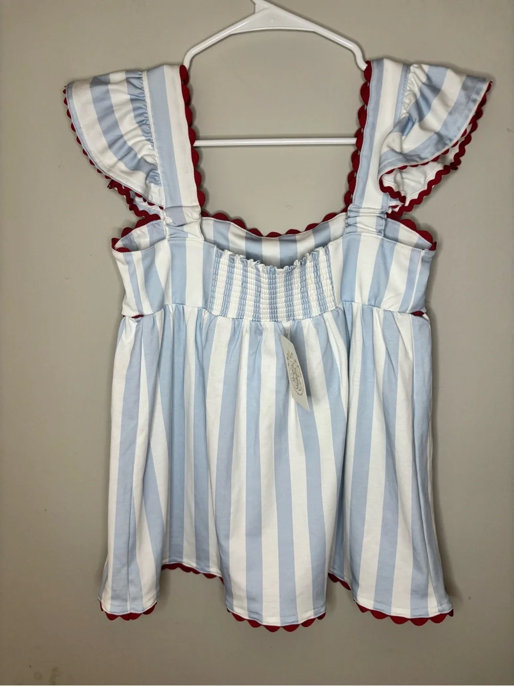 The Beaufort Bonnet Company Blue White Stripe Red Trim Pima Cotton Pajama Set XS
